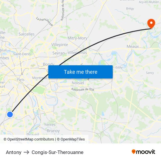 Antony to Congis-Sur-Therouanne map