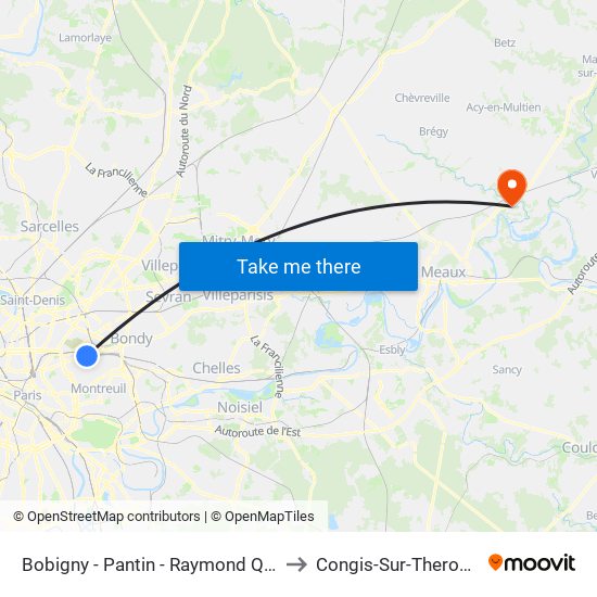 Bobigny - Pantin - Raymond Queneau to Congis-Sur-Therouanne map
