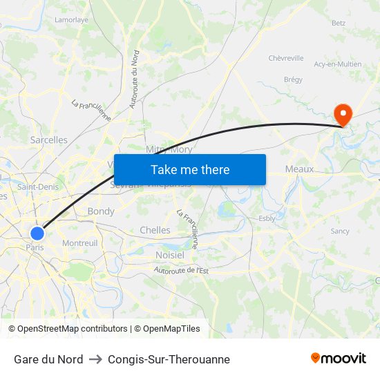 Gare du Nord to Congis-Sur-Therouanne map