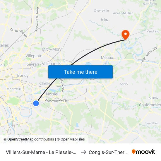 Villiers-Sur-Marne - Le Plessis-Trévise RER to Congis-Sur-Therouanne map