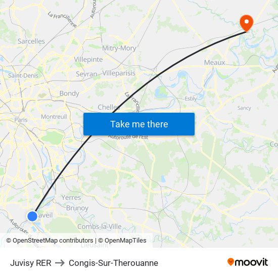 Juvisy RER to Congis-Sur-Therouanne map