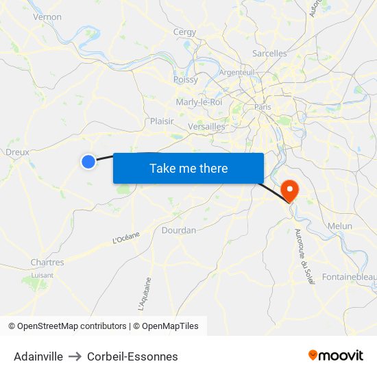 Adainville to Corbeil-Essonnes map