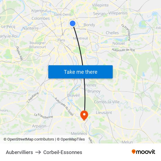 Aubervilliers to Corbeil-Essonnes map