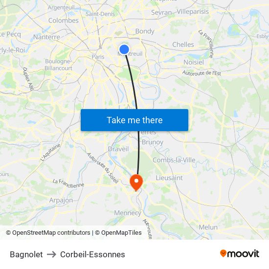 Bagnolet to Corbeil-Essonnes map
