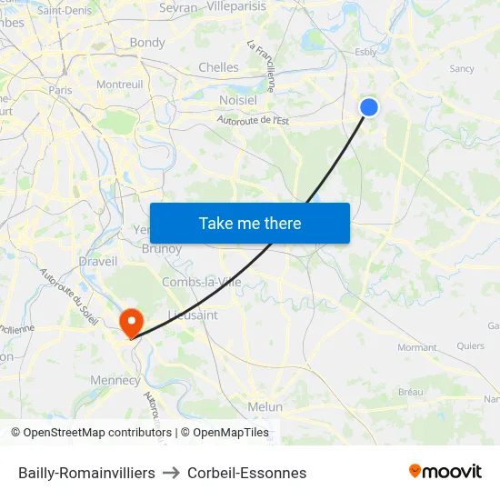 Bailly-Romainvilliers to Corbeil-Essonnes map