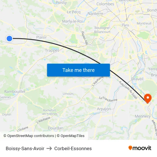 Boissy-Sans-Avoir to Corbeil-Essonnes map