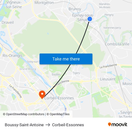 Boussy-Saint-Antoine to Corbeil-Essonnes map