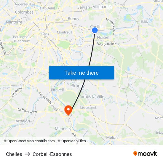 Chelles to Corbeil-Essonnes map