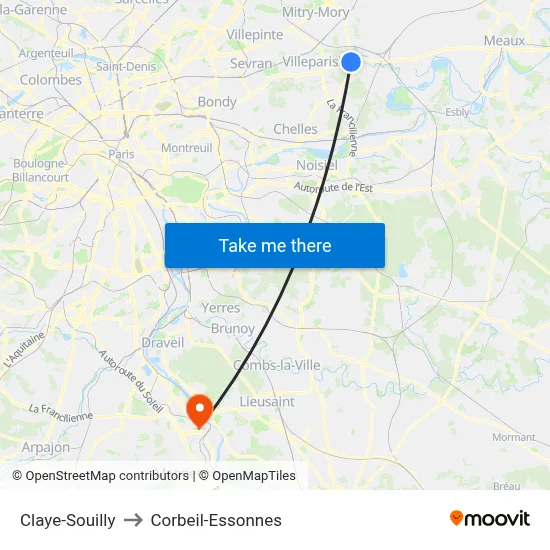 Claye-Souilly to Corbeil-Essonnes map