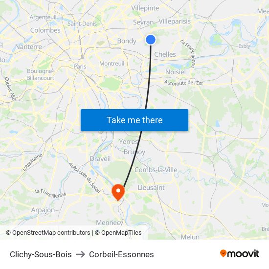 Clichy-Sous-Bois to Corbeil-Essonnes map