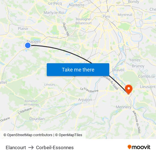 Elancourt to Corbeil-Essonnes map