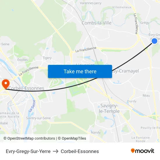 Evry-Gregy-Sur-Yerre to Corbeil-Essonnes map