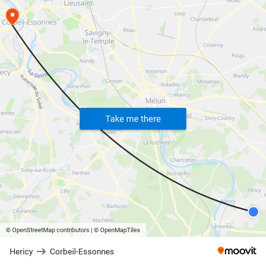 Hericy to Corbeil-Essonnes map