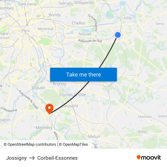 Jossigny to Corbeil-Essonnes map