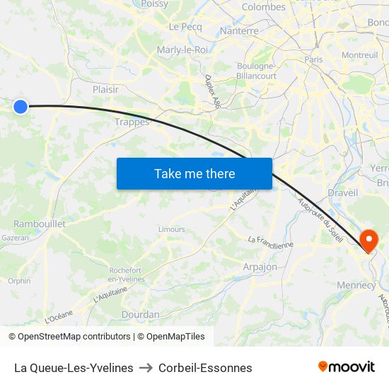 La Queue-Les-Yvelines to Corbeil-Essonnes map
