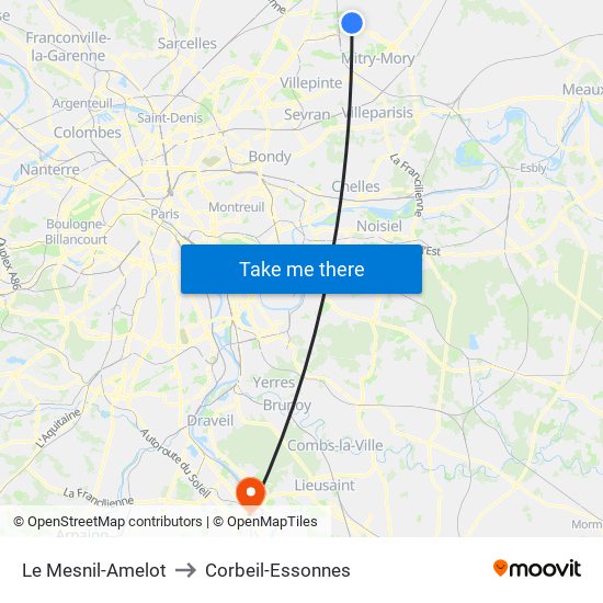Le Mesnil-Amelot to Corbeil-Essonnes map