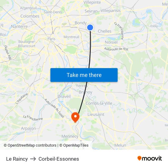 Le Raincy to Corbeil-Essonnes map