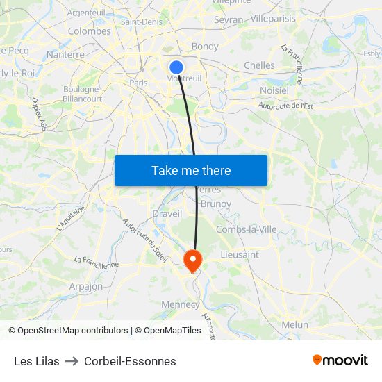 Les Lilas to Corbeil-Essonnes map