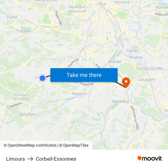 Limours to Corbeil-Essonnes map