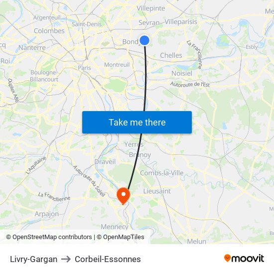 Livry-Gargan to Corbeil-Essonnes map