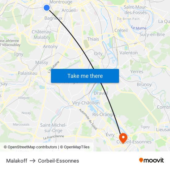 Malakoff to Corbeil-Essonnes map