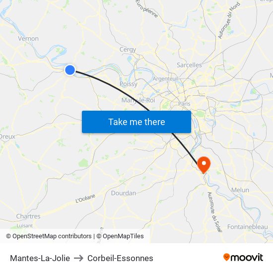 Mantes-La-Jolie to Corbeil-Essonnes map