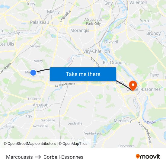 Marcoussis to Corbeil-Essonnes map