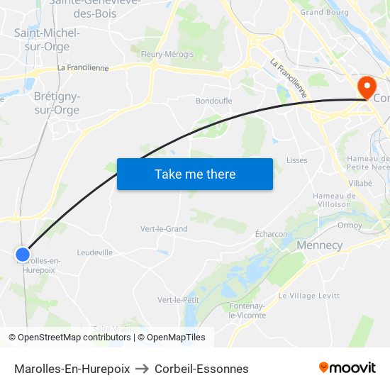 Marolles-En-Hurepoix to Corbeil-Essonnes map