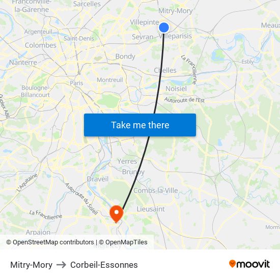 Mitry-Mory to Corbeil-Essonnes map