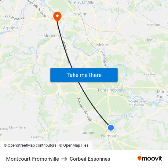 Montcourt-Fromonville to Corbeil-Essonnes map