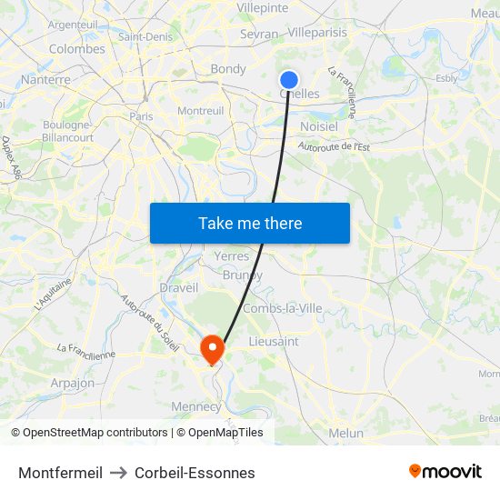 Montfermeil to Corbeil-Essonnes map