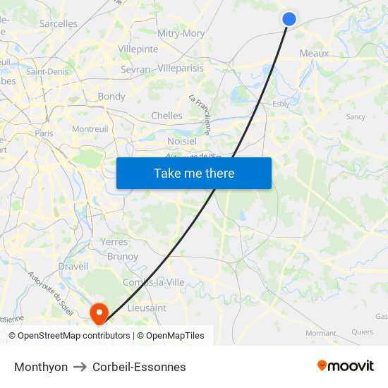 Monthyon to Corbeil-Essonnes map