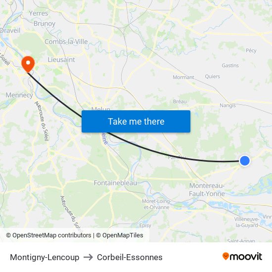 Montigny-Lencoup to Corbeil-Essonnes map
