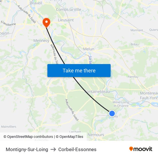 Montigny-Sur-Loing to Corbeil-Essonnes map