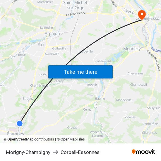 Morigny-Champigny to Corbeil-Essonnes map