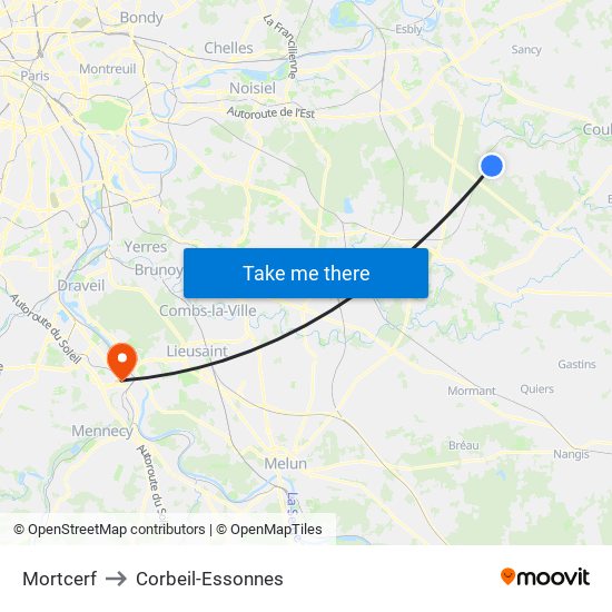 Mortcerf to Corbeil-Essonnes map