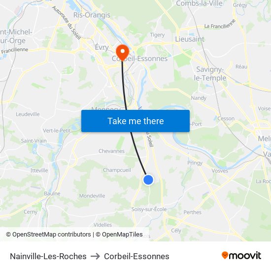 Nainville-Les-Roches to Corbeil-Essonnes map