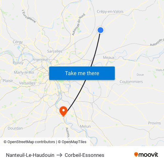 Nanteuil-Le-Haudouin to Corbeil-Essonnes map