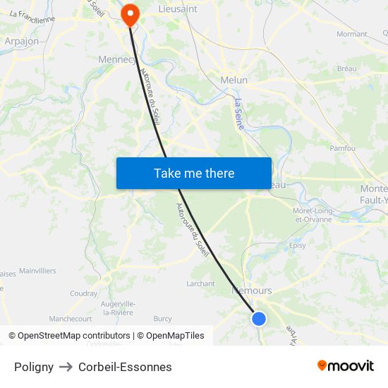 Poligny to Corbeil-Essonnes map