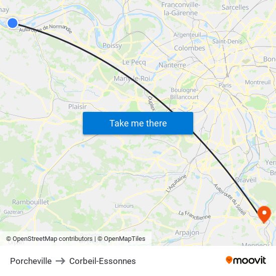 Porcheville to Corbeil-Essonnes map