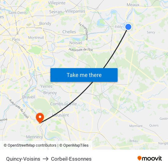 Quincy-Voisins to Corbeil-Essonnes map