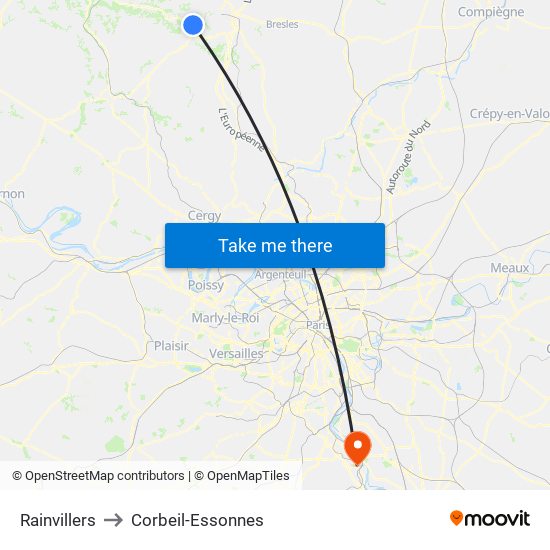 Rainvillers to Corbeil-Essonnes map