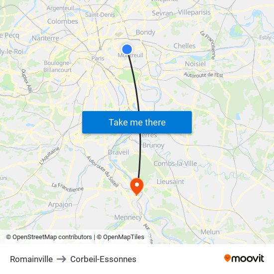 Romainville to Corbeil-Essonnes map