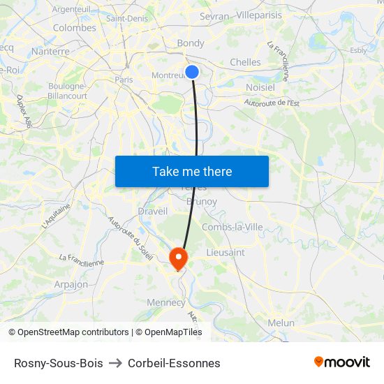 Rosny-Sous-Bois to Corbeil-Essonnes map