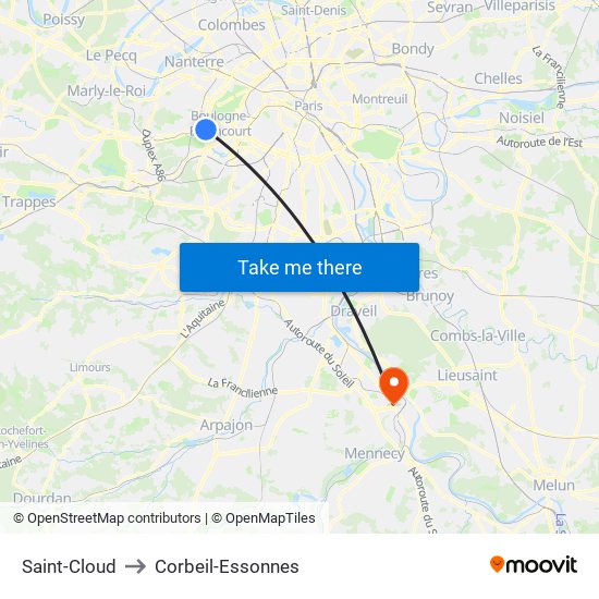 Saint-Cloud to Corbeil-Essonnes map