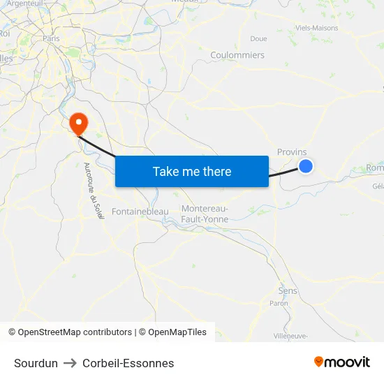 Sourdun to Corbeil-Essonnes map