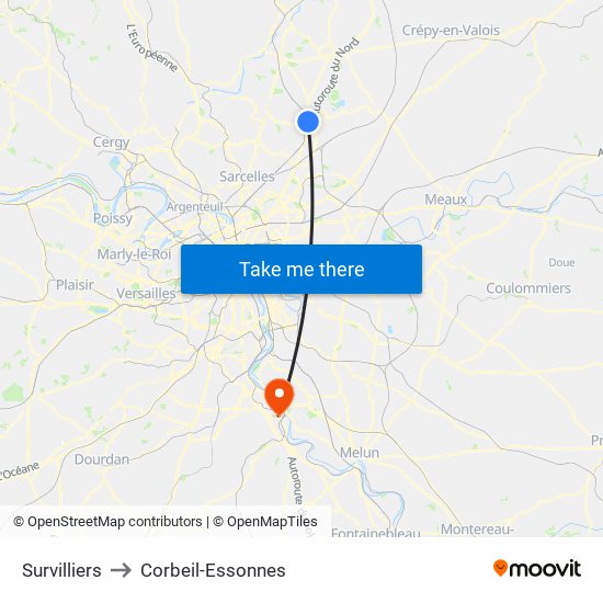 Survilliers to Corbeil-Essonnes map