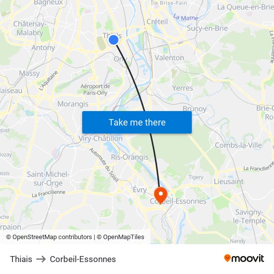 Thiais to Corbeil-Essonnes map