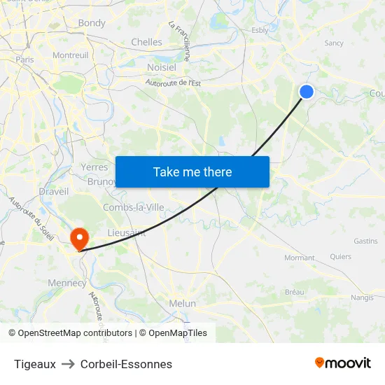 Tigeaux to Corbeil-Essonnes map