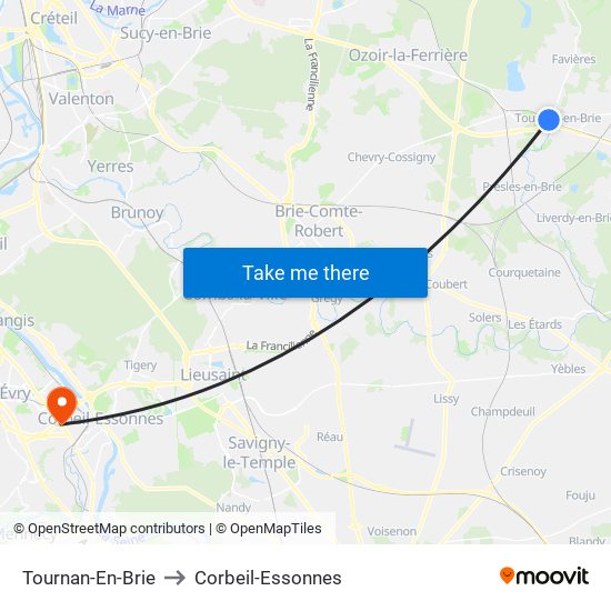 Tournan-En-Brie to Corbeil-Essonnes map